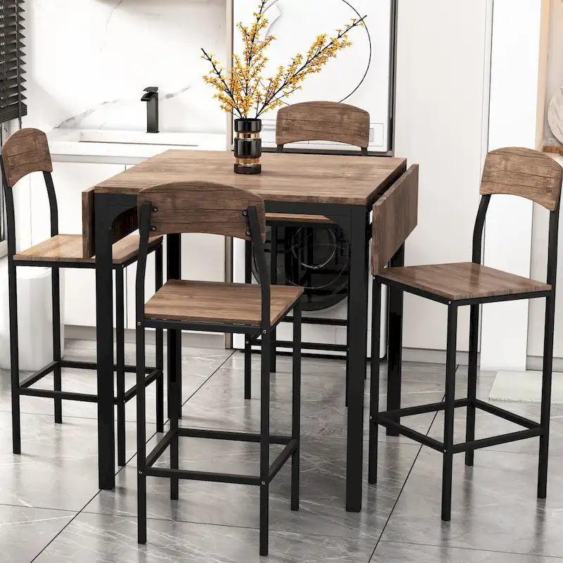 Ensemble de salle à manger hauteur comptoir, table de salle à manger 5 pièces à rabats avec table à rabats et 4 chaises de salle à manger hautes