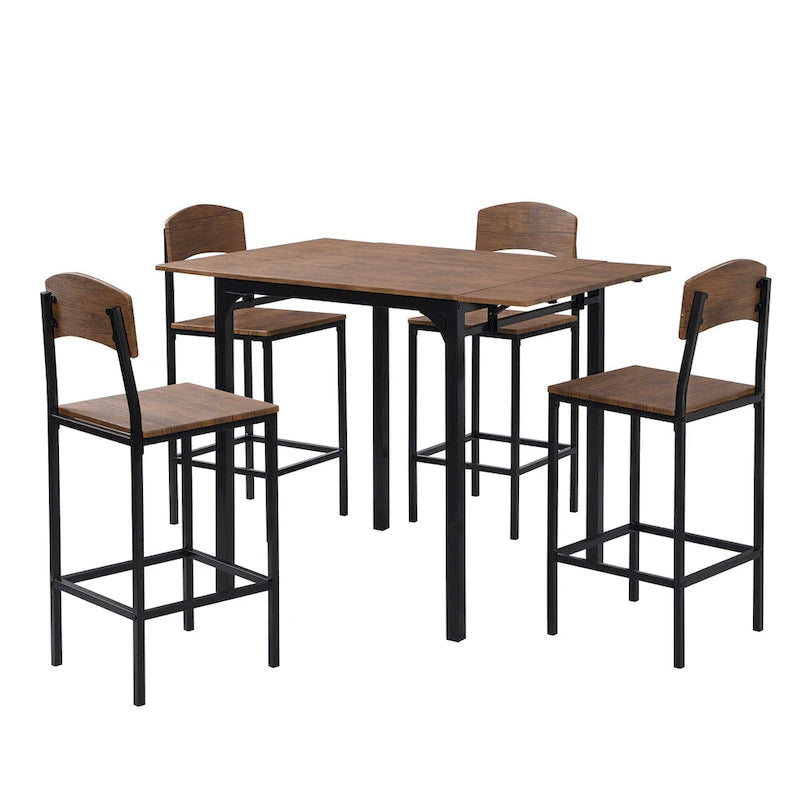 Ensemble de salle à manger hauteur comptoir, table de salle à manger 5 pièces à rabats avec table à rabats et 4 chaises de salle à manger hautes