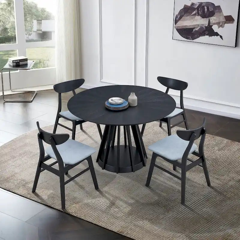 Ensemble de salle à manger 5 pièces en bois massif, ensemble de meubles de cuisine rond avec table de cuisine à pied central en bois et 4 chaises rembourrées
