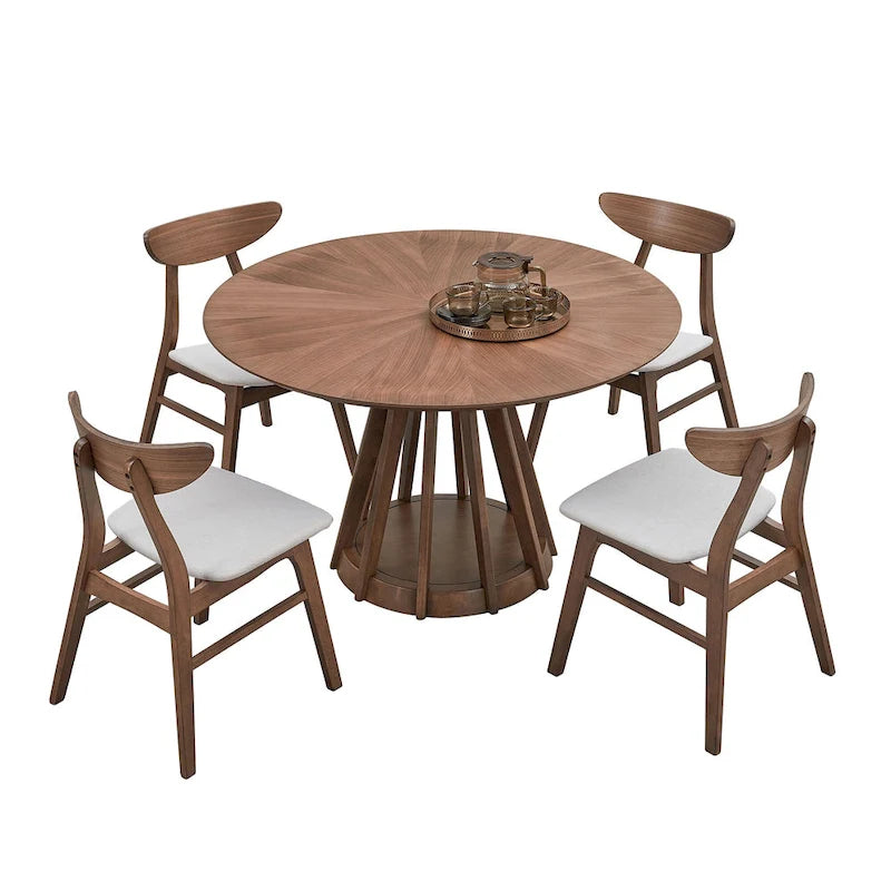 Ensemble de salle à manger 5 pièces en bois massif, ensemble de meubles de cuisine rond avec table de cuisine à pied central en bois et 4 chaises rembourrées