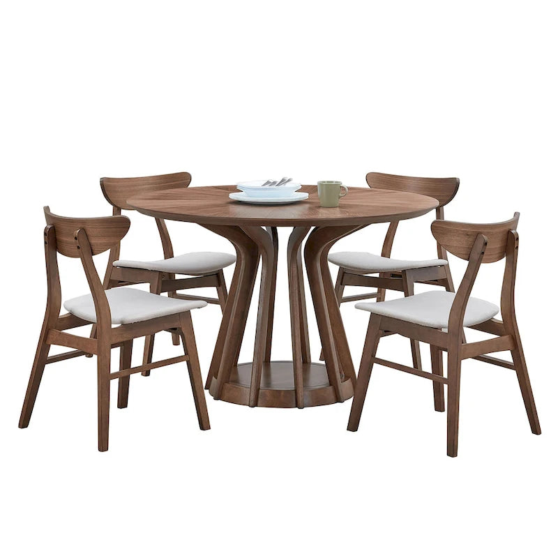 Ensemble de salle à manger 5 pièces en bois massif, ensemble de meubles de cuisine rond avec table de cuisine à pied central en bois et 4 chaises rembourrées