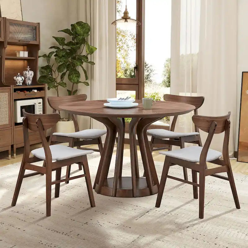 Ensemble de salle à manger 5 pièces en bois massif, ensemble de meubles de cuisine rond avec table de cuisine à pied central en bois et 4 chaises rembourrées