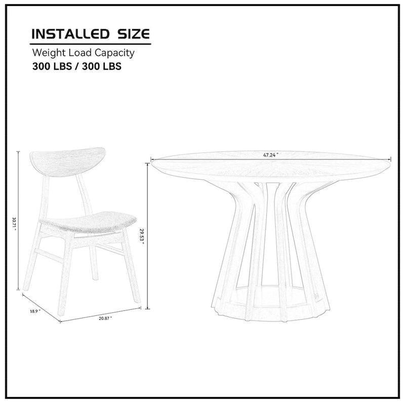 Ensemble de salle à manger 5 pièces en bois massif, ensemble de meubles de cuisine rond avec table de cuisine à pied central en bois et 4 chaises rembourrées
