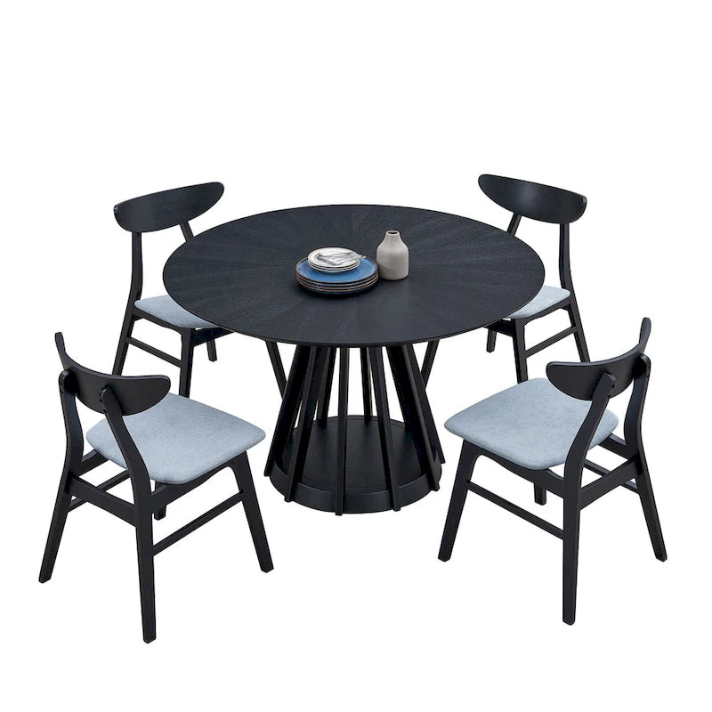 Ensemble de salle à manger 5 pièces en bois massif, ensemble de meubles de cuisine rond avec table de cuisine à pied central en bois et 4 chaises rembourrées