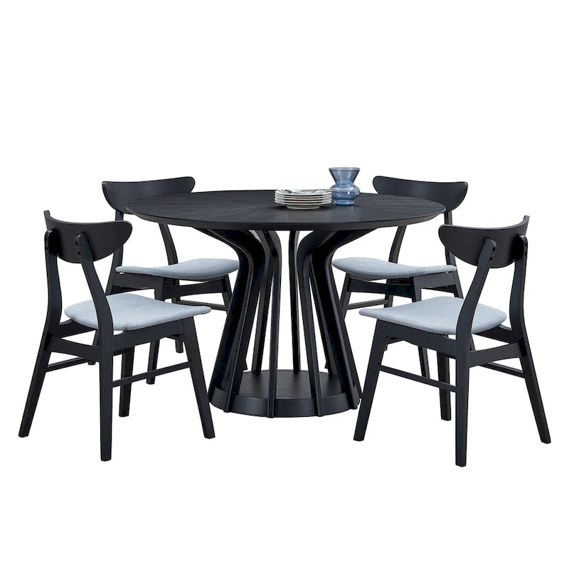 Ensemble de salle à manger 5 pièces en bois massif, ensemble de meubles de cuisine rond avec table de cuisine à pied central en bois et 4 chaises rembourrées