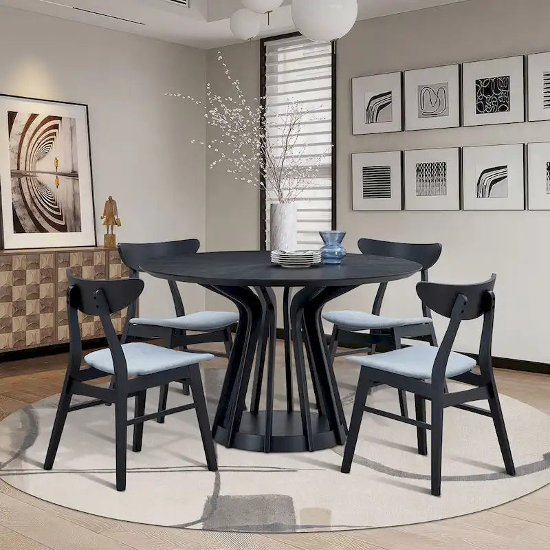 Ensemble de salle à manger 5 pièces en bois massif, ensemble de meubles de cuisine rond avec table de cuisine à pied central en bois et 4 chaises rembourrées