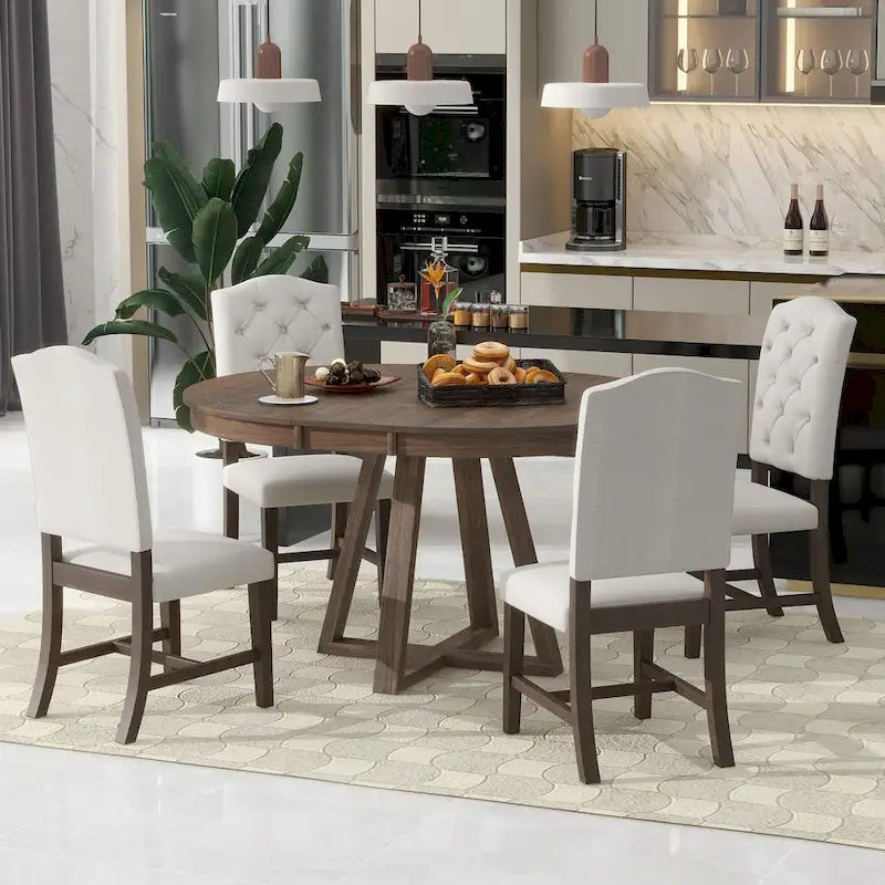 Ensemble de salle à manger rond extensible 5 pièces, ensemble de meubles de cuisine en bois avec rallonge amovible et 4 chaises rembourrées