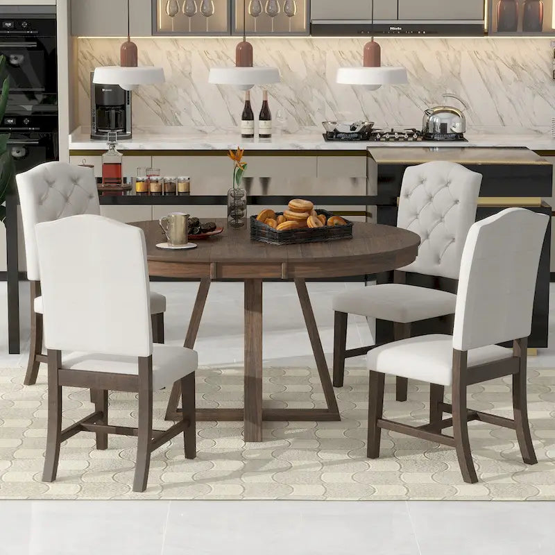 Ensemble de salle à manger rond extensible 5 pièces, ensemble de meubles de cuisine en bois avec rallonge amovible et 4 chaises rembourrées