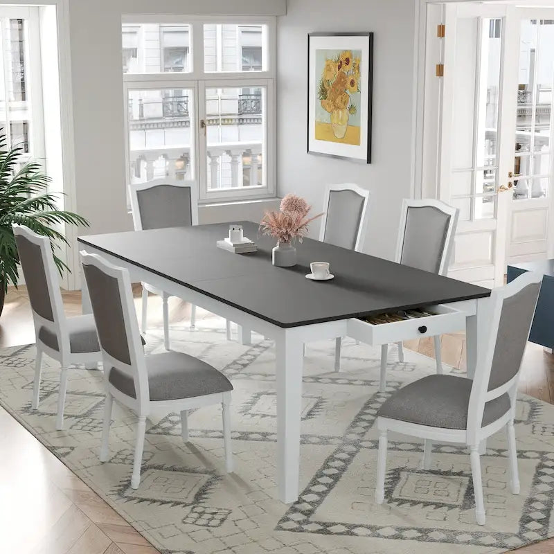 Ensemble table et chaises de salle à manger 7 pièces, table et chaises en bois massif avec table de salle à manger extensible, 2 tiroirs et 6 chaises rembourrées