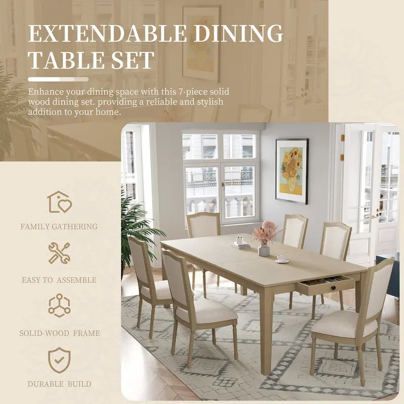 Ensemble table et chaises de salle à manger 7 pièces, table et chaises en bois massif avec table de salle à manger extensible, 2 tiroirs et 6 chaises rembourrées