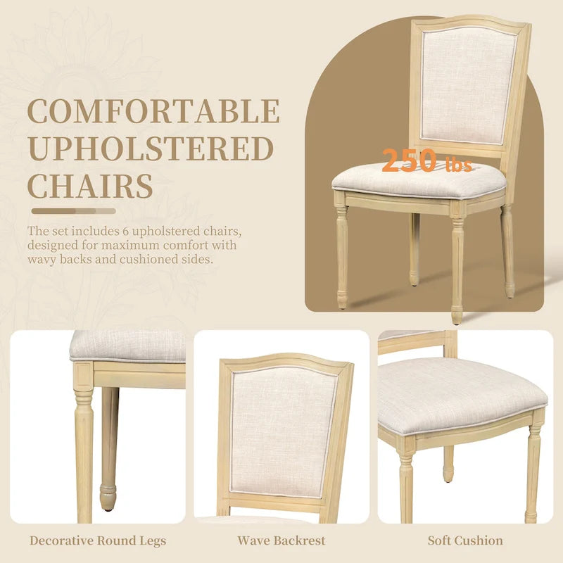 Ensemble table et chaises de salle à manger 7 pièces, table et chaises en bois massif avec table de salle à manger extensible, 2 tiroirs et 6 chaises rembourrées