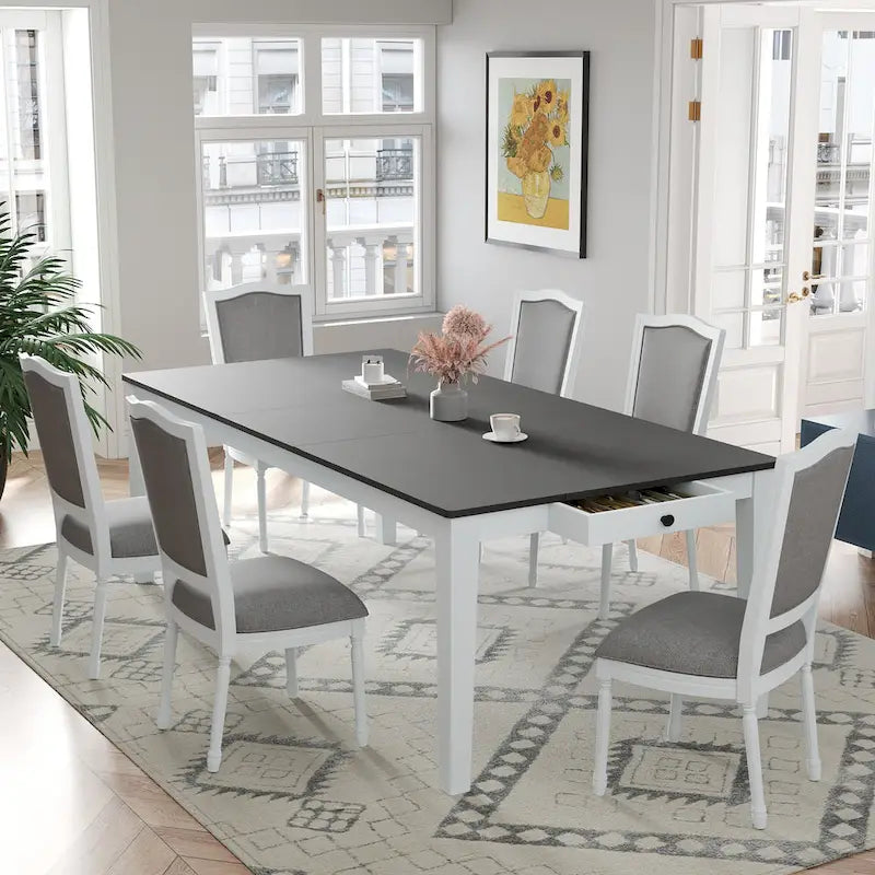 Ensemble table et chaises de salle à manger 7 pièces, table et chaises en bois massif avec table de salle à manger extensible, 2 tiroirs et 6 chaises rembourrées