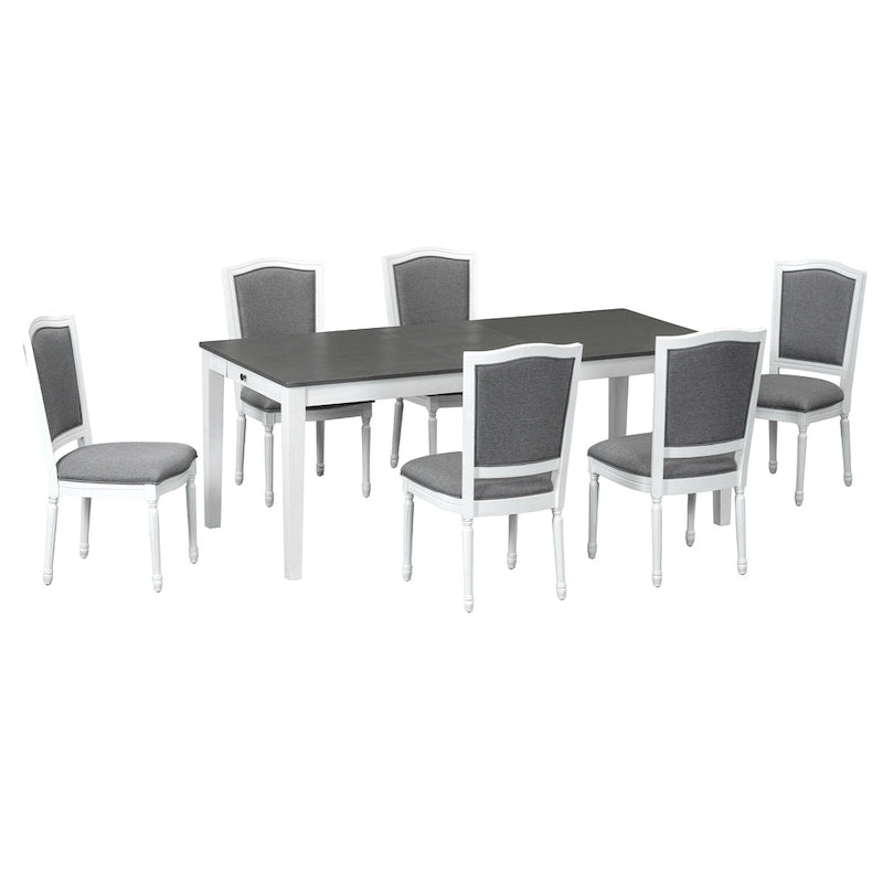 Ensemble table et chaises de salle à manger 7 pièces, table et chaises en bois massif avec table de salle à manger extensible, 2 tiroirs et 6 chaises rembourrées