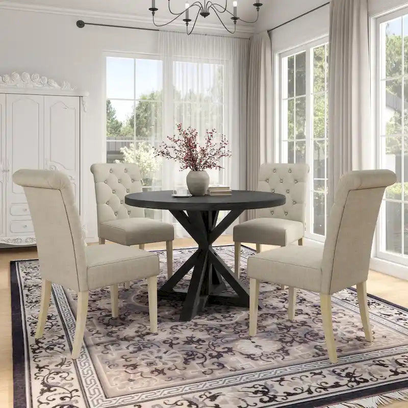 Ensemble de salle à manger 5 pièces, ensemble de meubles de cuisine en bois, table ronde avec piètement central en croix et 4 chaises capitonnées