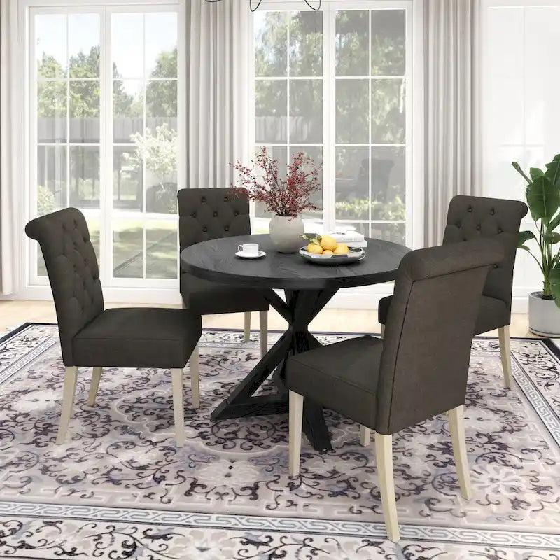 Ensemble de salle à manger 5 pièces, ensemble de meubles de cuisine en bois, table ronde avec piètement central en croix et 4 chaises capitonnées