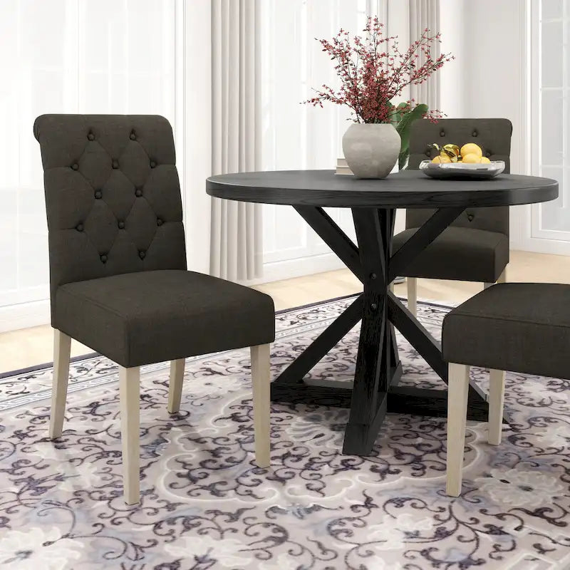 Ensemble de salle à manger 5 pièces, ensemble de meubles de cuisine en bois, table ronde avec piètement central en croix et 4 chaises capitonnées