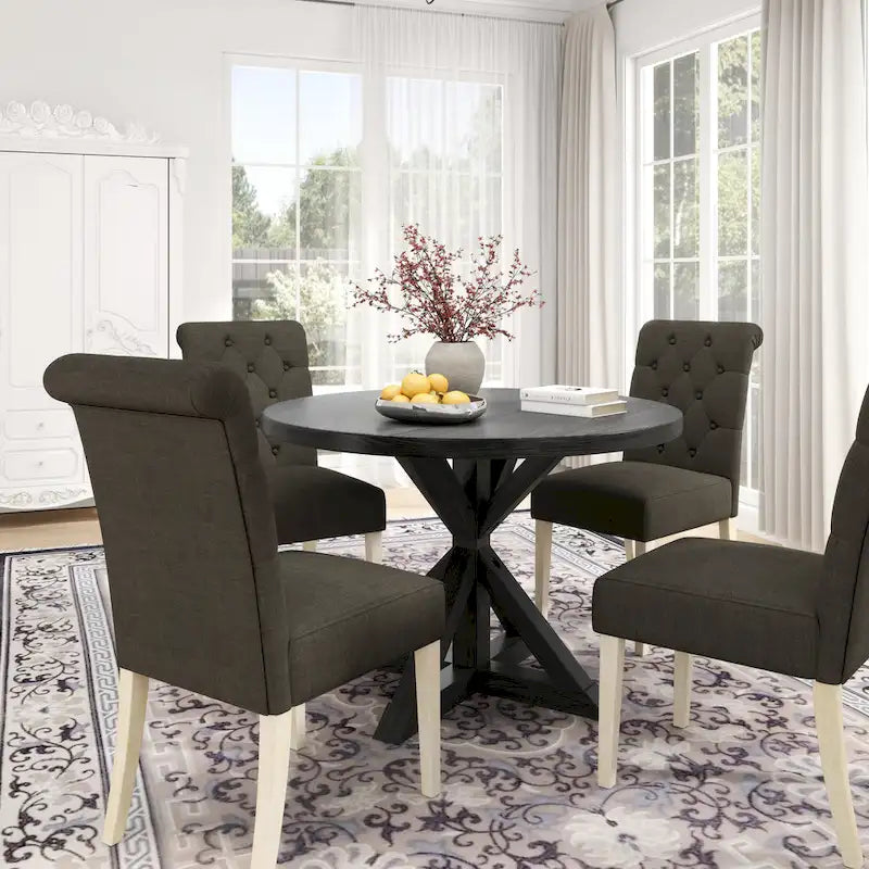 Ensemble de salle à manger 5 pièces, ensemble de meubles de cuisine en bois, table ronde avec piètement central en croix et 4 chaises capitonnées