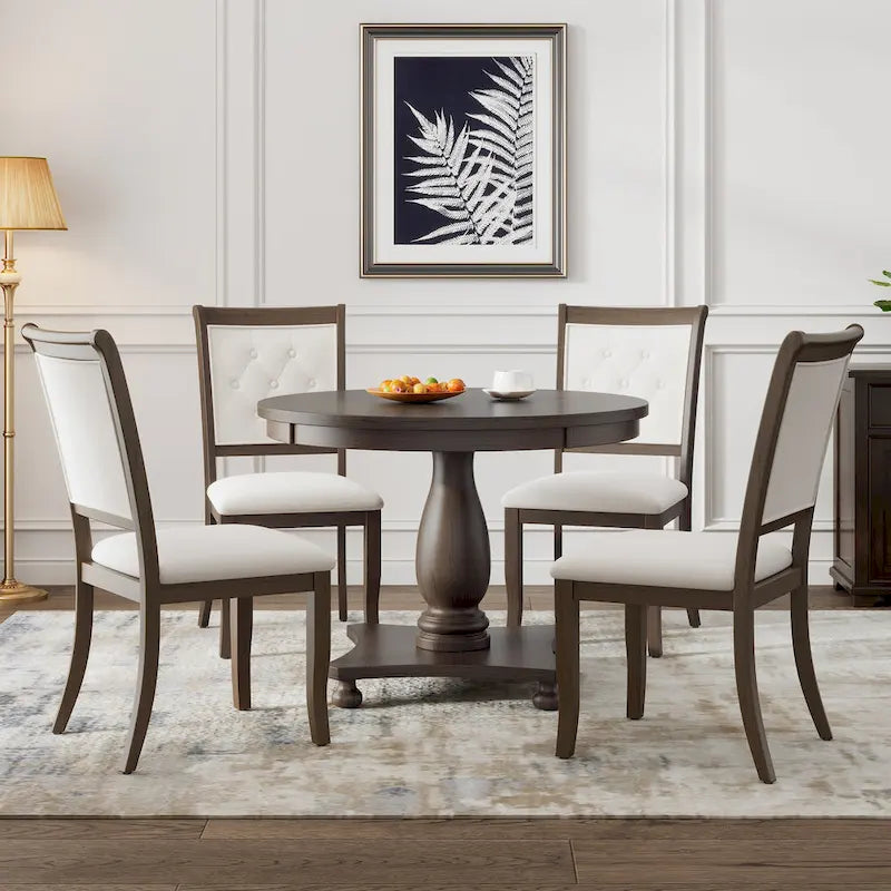 Ensemble de salle à manger 5 pièces, ensemble de table de salle à manger de cuisine en bois massif avec table à manger ronde et 4 chaises rembourrées