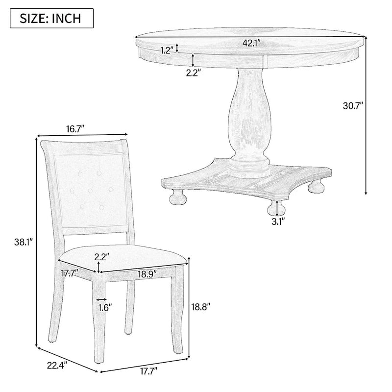 Ensemble de salle à manger 5 pièces, ensemble de table de salle à manger de cuisine en bois massif avec table à manger ronde et 4 chaises rembourrées