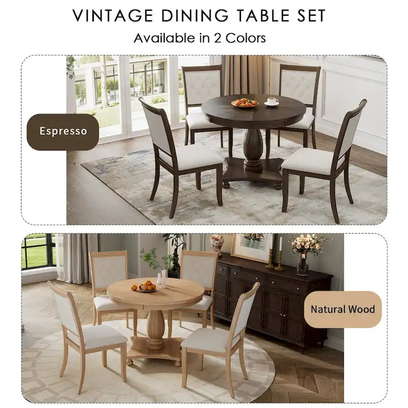 Ensemble de salle à manger 5 pièces, ensemble de table de salle à manger de cuisine en bois massif avec table à manger ronde et 4 chaises rembourrées