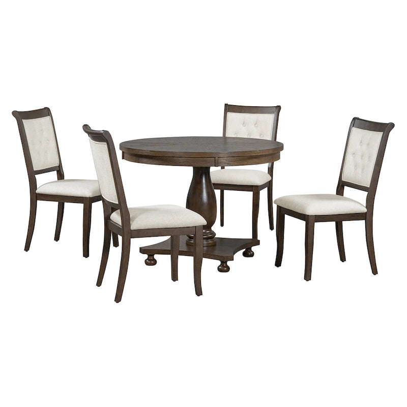 Ensemble de salle à manger 5 pièces, ensemble de table de salle à manger de cuisine en bois massif avec table à manger ronde et 4 chaises rembourrées