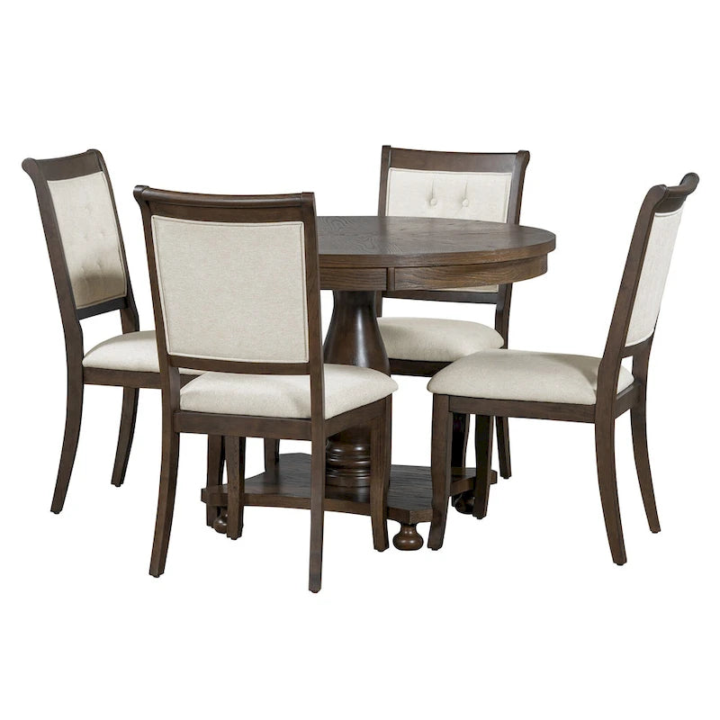 Ensemble de salle à manger 5 pièces, ensemble de table de salle à manger de cuisine en bois massif avec table à manger ronde et 4 chaises rembourrées