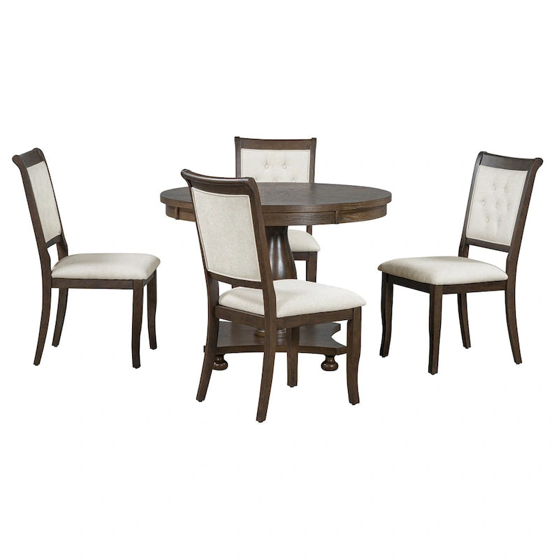 Ensemble de salle à manger 5 pièces, ensemble de table de salle à manger de cuisine en bois massif avec table à manger ronde et 4 chaises rembourrées