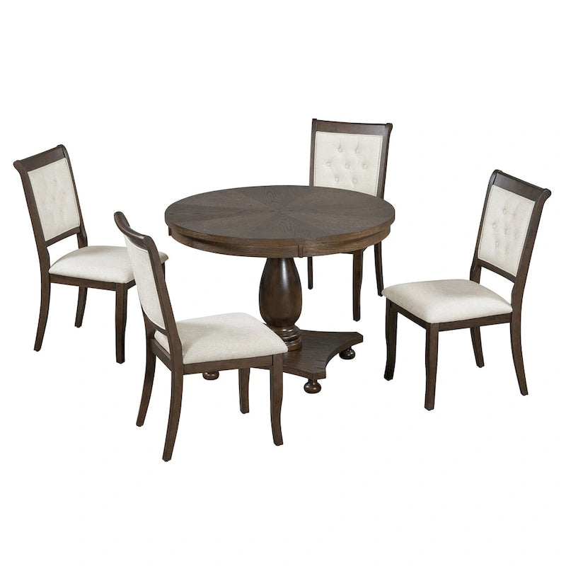 Ensemble de salle à manger 5 pièces, ensemble de table de salle à manger de cuisine en bois massif avec table à manger ronde et 4 chaises rembourrées