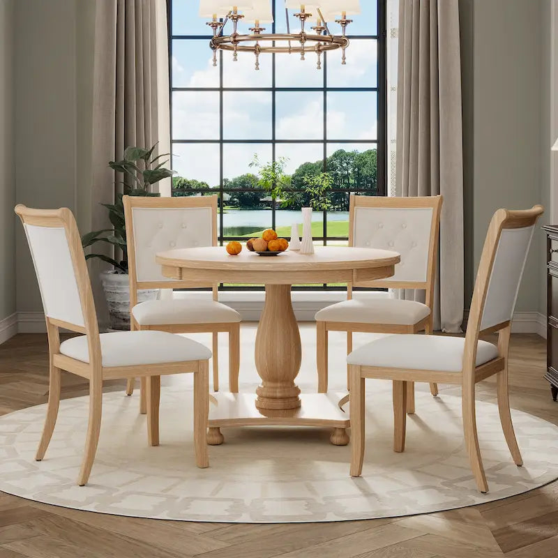 Ensemble de salle à manger 5 pièces, ensemble de table de salle à manger de cuisine en bois massif avec table à manger ronde et 4 chaises rembourrées