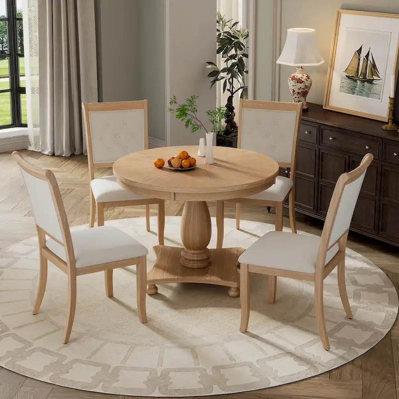 Ensemble de salle à manger 5 pièces, ensemble de table de salle à manger de cuisine en bois massif avec table à manger ronde et 4 chaises rembourrées