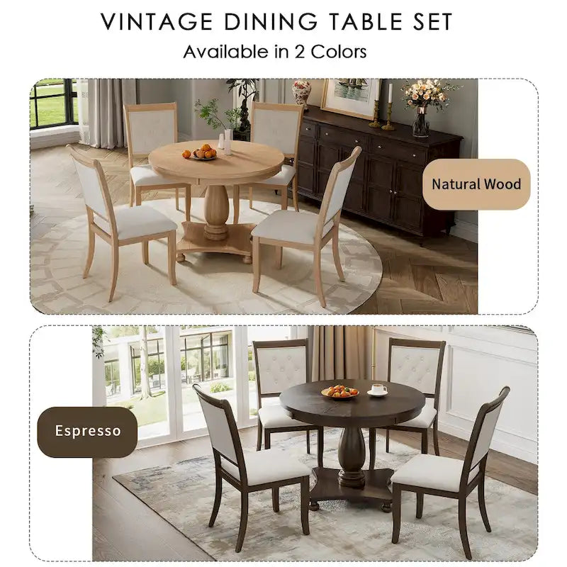 Ensemble de salle à manger 5 pièces, ensemble de table de salle à manger de cuisine en bois massif avec table à manger ronde et 4 chaises rembourrées