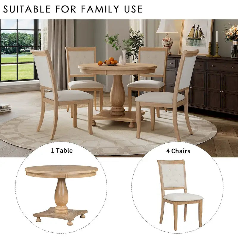 Ensemble de salle à manger 5 pièces, ensemble de table de salle à manger de cuisine en bois massif avec table à manger ronde et 4 chaises rembourrées
