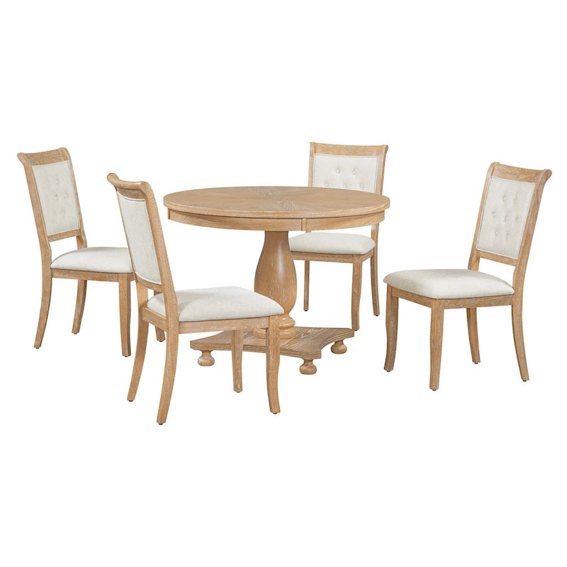 Ensemble de salle à manger 5 pièces, ensemble de table de salle à manger de cuisine en bois massif avec table à manger ronde et 4 chaises rembourrées