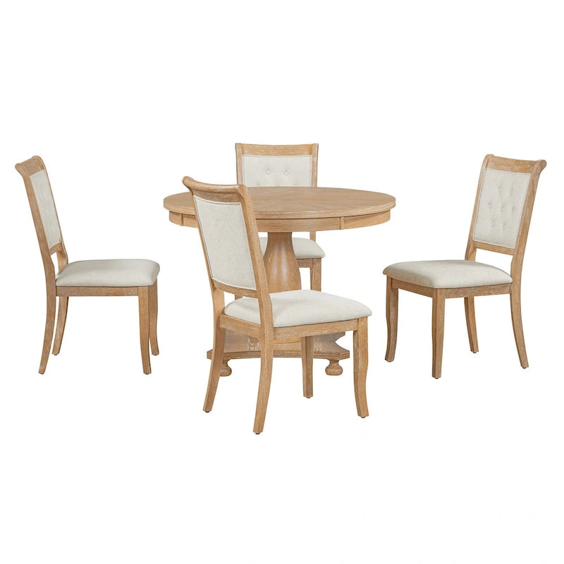 Ensemble de salle à manger 5 pièces, ensemble de table de salle à manger de cuisine en bois massif avec table à manger ronde et 4 chaises rembourrées