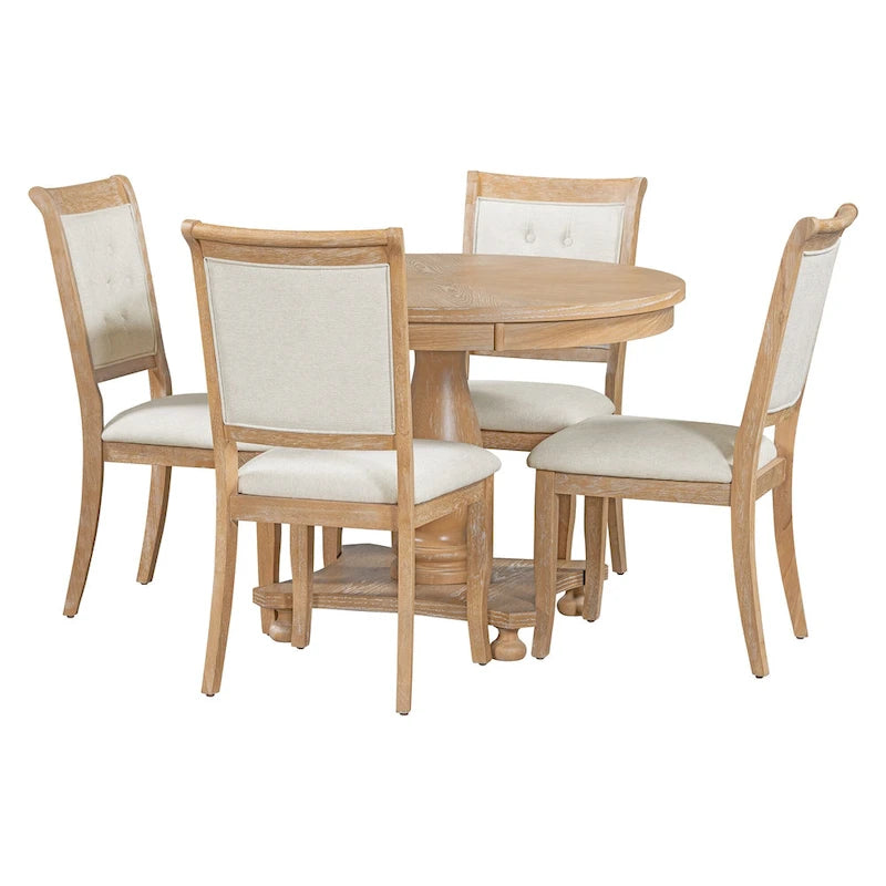 Ensemble de salle à manger 5 pièces, ensemble de table de salle à manger de cuisine en bois massif avec table à manger ronde et 4 chaises rembourrées