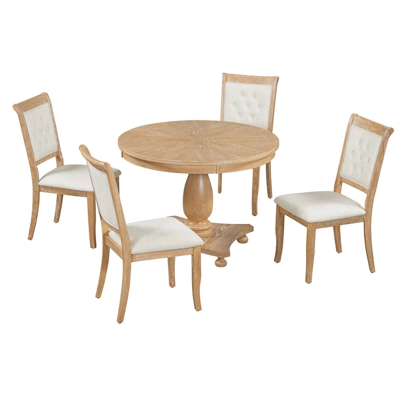 Ensemble de salle à manger 5 pièces, ensemble de table de salle à manger de cuisine en bois massif avec table à manger ronde et 4 chaises rembourrées