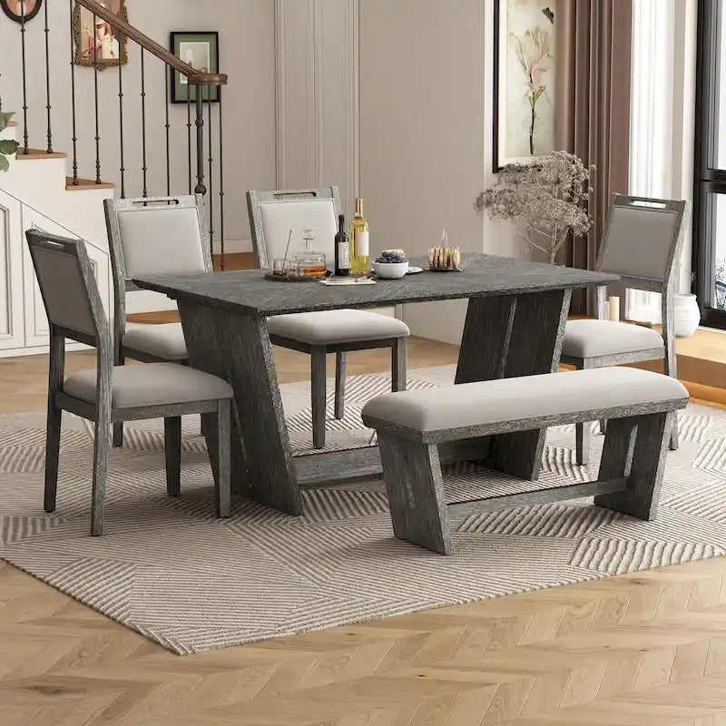 Ensemble de salle à manger 6 pièces, table de cuisine et chaises en bois avec table rectangulaire, 4 chaises rembourrées et 1 banc