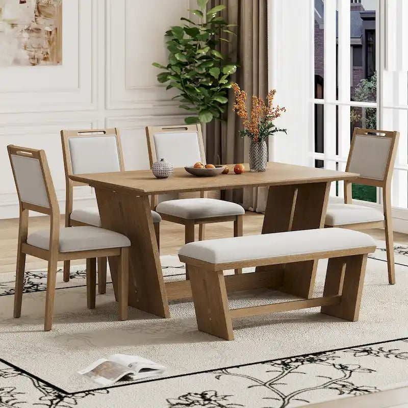 Ensemble de salle à manger 6 pièces, table de cuisine et chaises en bois avec table rectangulaire, 4 chaises rembourrées et 1 banc