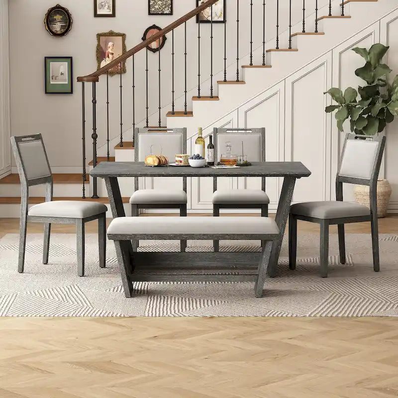 Ensemble de salle à manger 6 pièces, table de cuisine et chaises en bois avec table rectangulaire, 4 chaises rembourrées et 1 banc