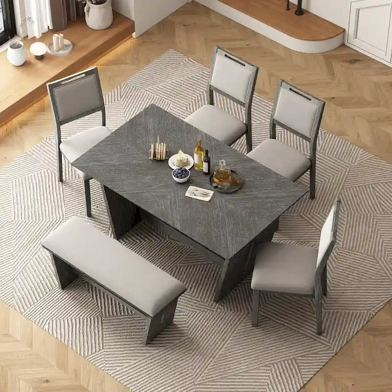 Ensemble de salle à manger 6 pièces, table de cuisine et chaises en bois avec table rectangulaire, 4 chaises rembourrées et 1 banc
