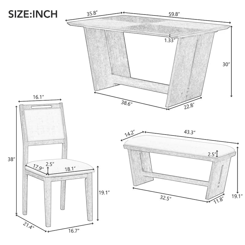Ensemble de salle à manger 6 pièces, table de cuisine et chaises en bois avec table rectangulaire, 4 chaises rembourrées et 1 banc