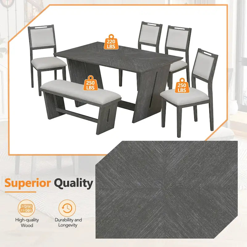Ensemble de salle à manger 6 pièces, table de cuisine et chaises en bois avec table rectangulaire, 4 chaises rembourrées et 1 banc