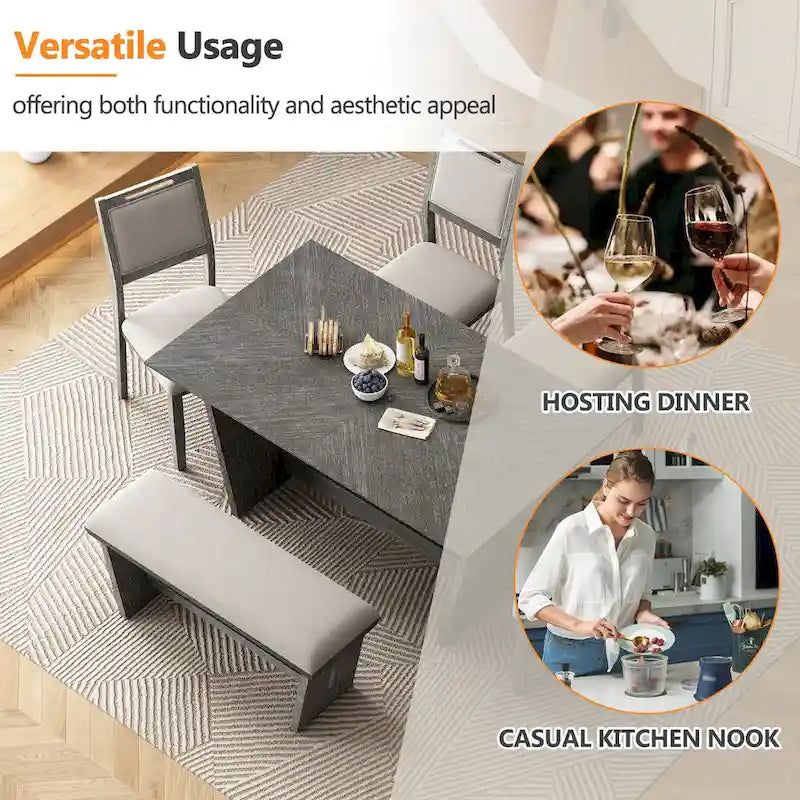 Ensemble de salle à manger 6 pièces, table de cuisine et chaises en bois avec table rectangulaire, 4 chaises rembourrées et 1 banc