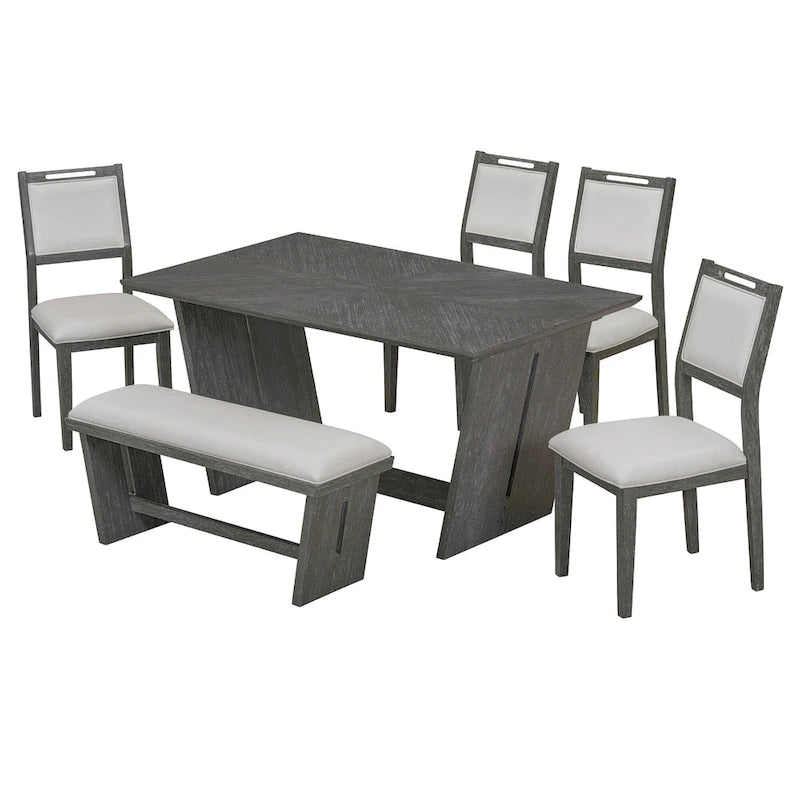 Ensemble de salle à manger 6 pièces, table de cuisine et chaises en bois avec table rectangulaire, 4 chaises rembourrées et 1 banc