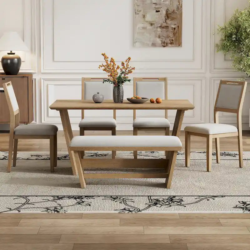 Ensemble de salle à manger 6 pièces, table de cuisine et chaises en bois avec table rectangulaire, 4 chaises rembourrées et 1 banc