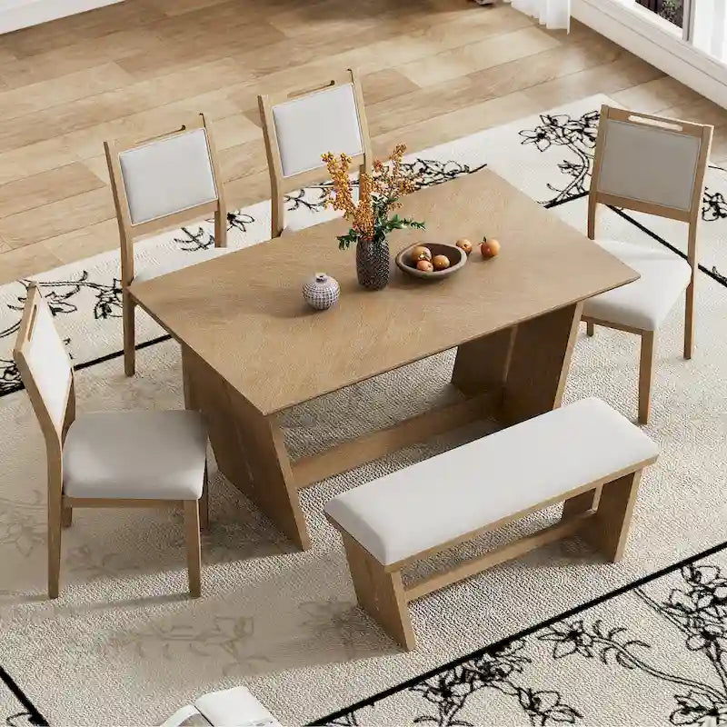 Ensemble de salle à manger 6 pièces, table de cuisine et chaises en bois avec table rectangulaire, 4 chaises rembourrées et 1 banc