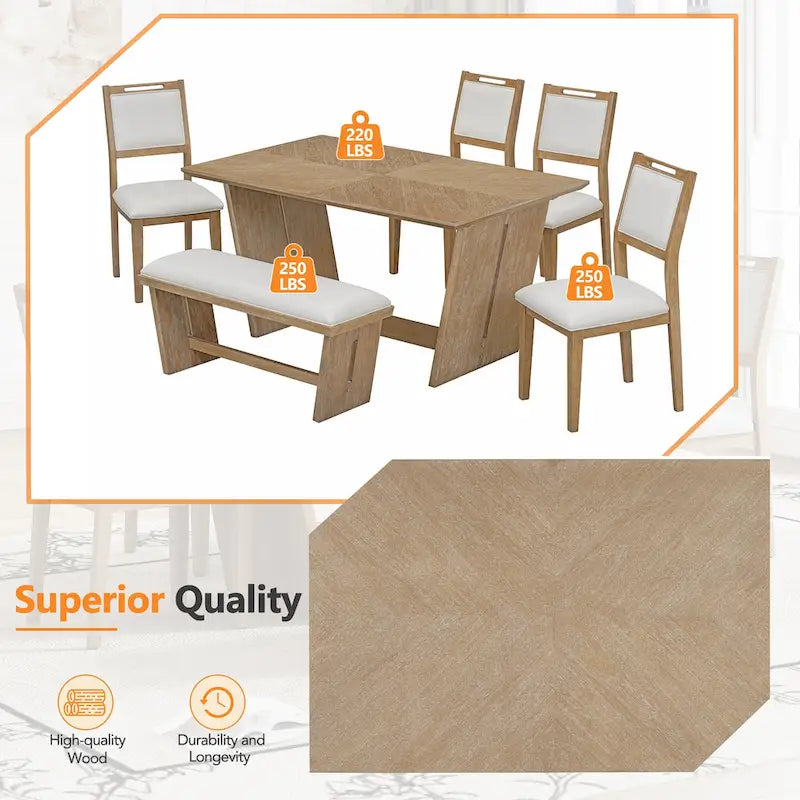 Ensemble de salle à manger 6 pièces, table de cuisine et chaises en bois avec table rectangulaire, 4 chaises rembourrées et 1 banc