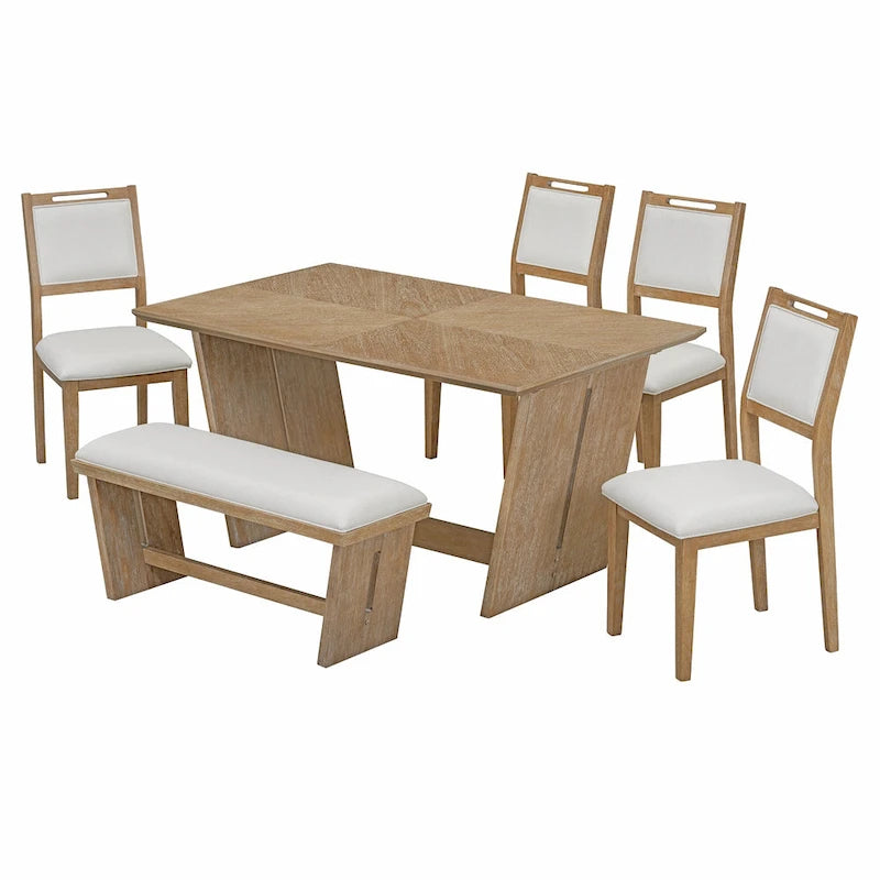 Ensemble de salle à manger 6 pièces, table de cuisine et chaises en bois avec table rectangulaire, 4 chaises rembourrées et 1 banc