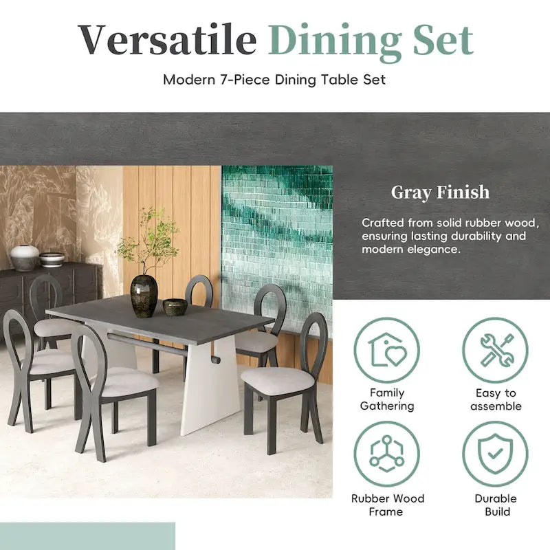 Ensemble de salle à manger 7 pièces pour 6 personnes, ensemble de table de cuisine polyvalent avec table à tréteaux et 6 chaises rembourrées