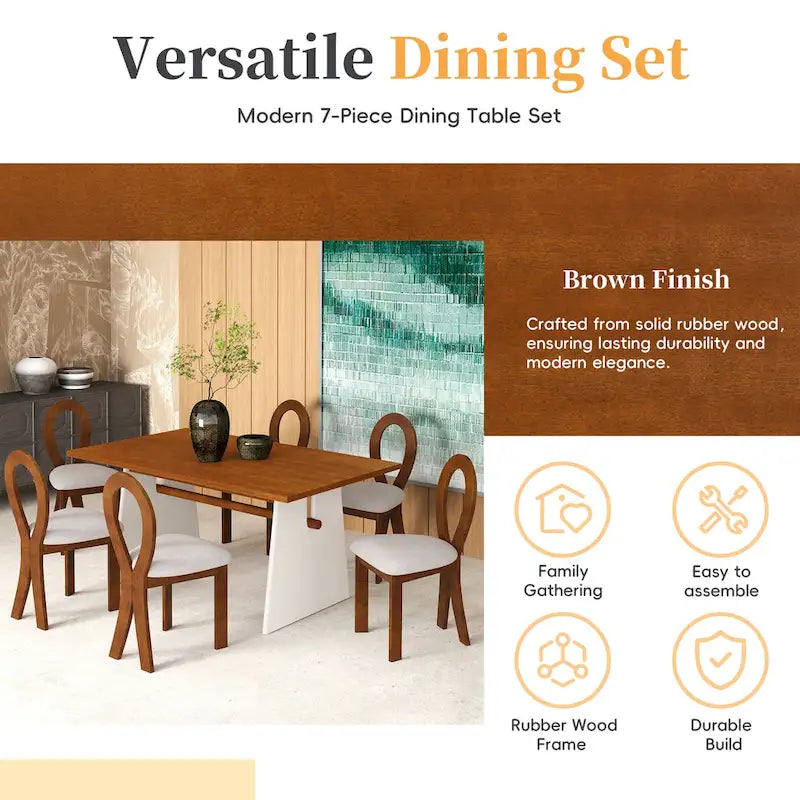 Ensemble de salle à manger 7 pièces pour 6 personnes, ensemble de table de cuisine polyvalent avec table à tréteaux et 6 chaises rembourrées